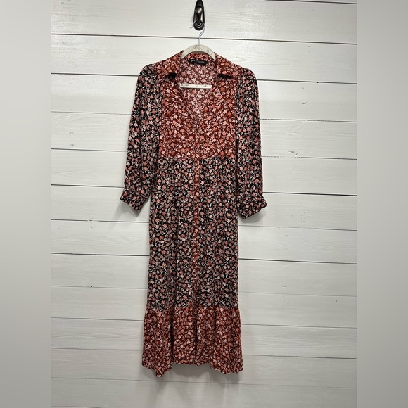 Zara • NEW • BROWN MAROON RED FLORAL PRINT BUTTONED LOOSE FIT MIDI DRESS • SMALL - Picture 4 of 11